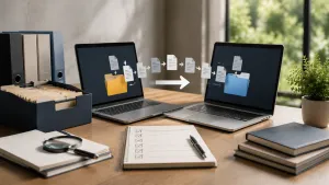 A professional workspace showing CRM data migration processes with laptops, folders, and checklist elements representing a CRM migration checklist for secure data transfer.