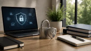 A professional workspace showing CRM security concepts with a laptop, lock, and shield elements representing CRM security basics for protecting customer data.