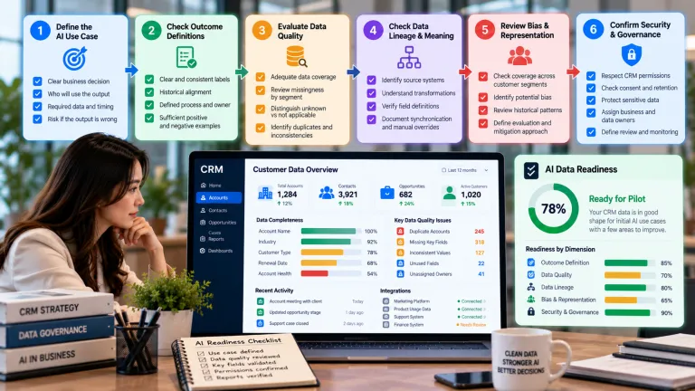 CRM AI data readiness dashboard illustrating data quality assessment, outcome definitions, data lineage, bias evaluation, and security governance for artificial intelligence.