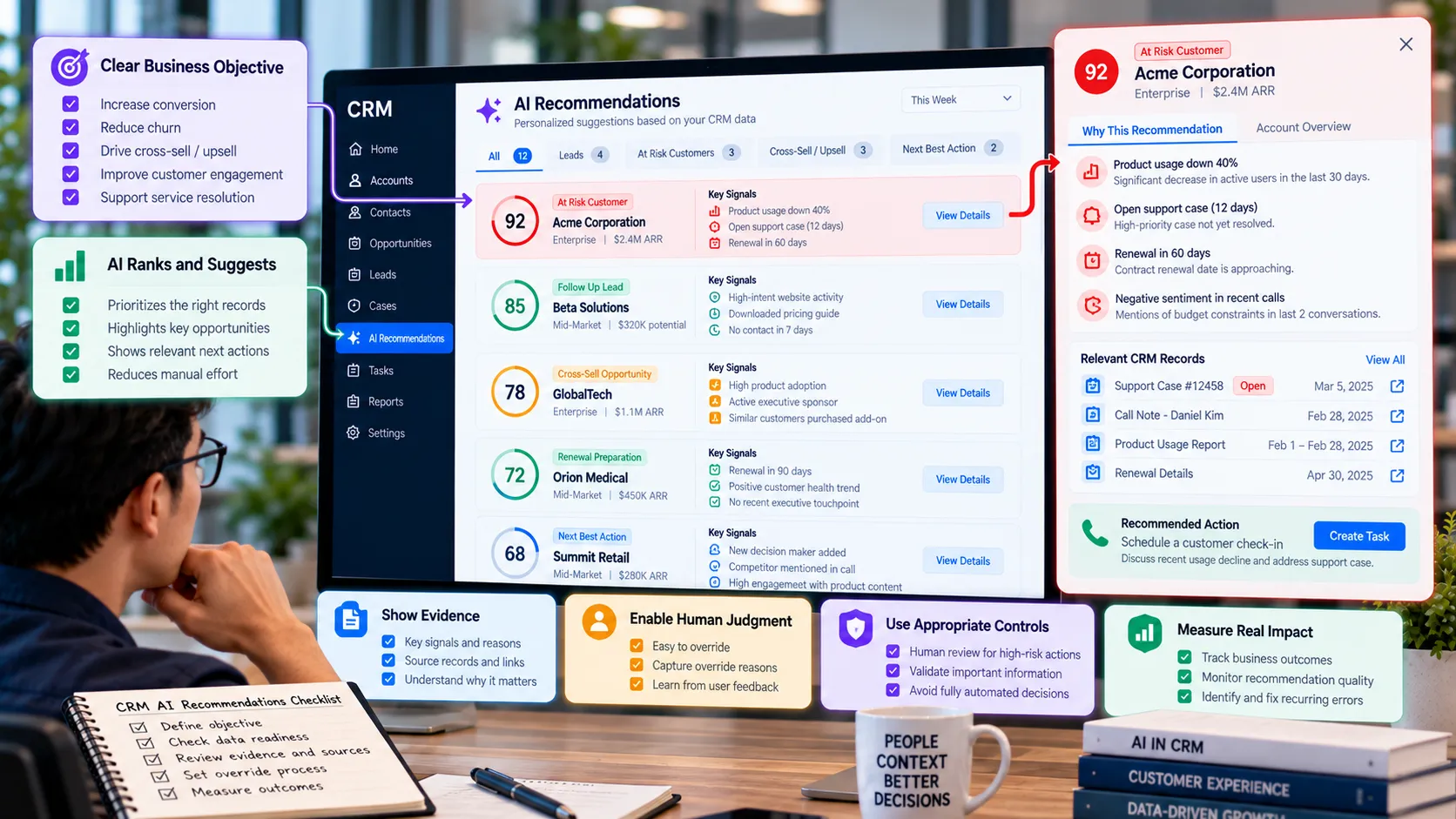 CRM AI recommendation dashboard showing customer risk scores, next-best-action suggestions, supporting evidence, and human decision-making controls.