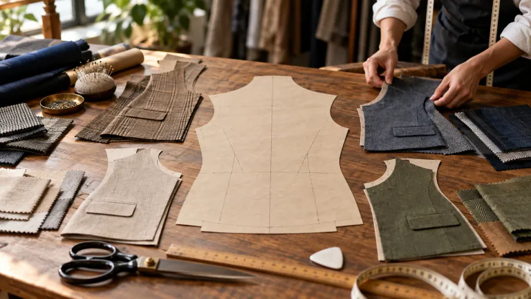 CRM standardization vs flexibility illustrated by a tailor adapting different fabric designs from a common pattern, representing consistent business processes with customizable workflows.