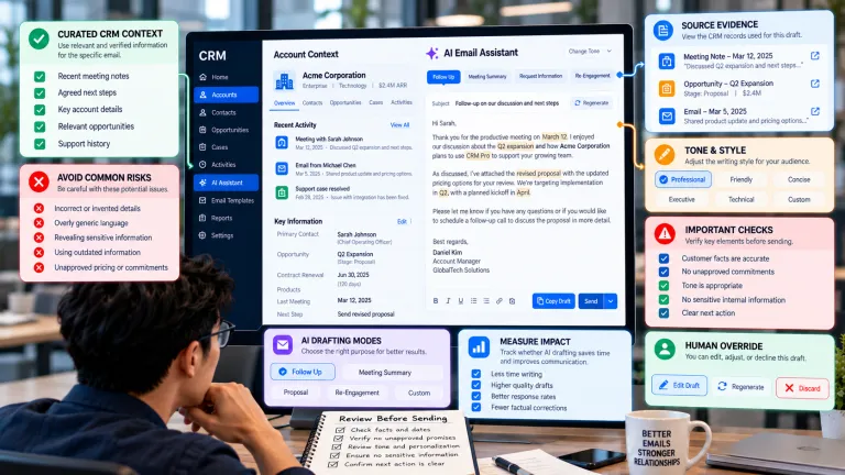 AI email drafting in CRM showing personalized customer follow-up emails, verified customer data, tone adjustments, and human review before sending.