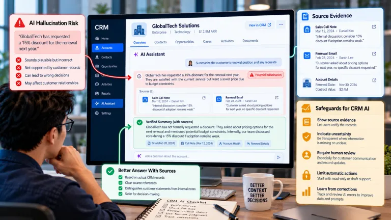 CRM AI hallucination risk illustration showing an incorrect AI-generated customer summary, source verification, human review, and safeguards for reliable AI responses.