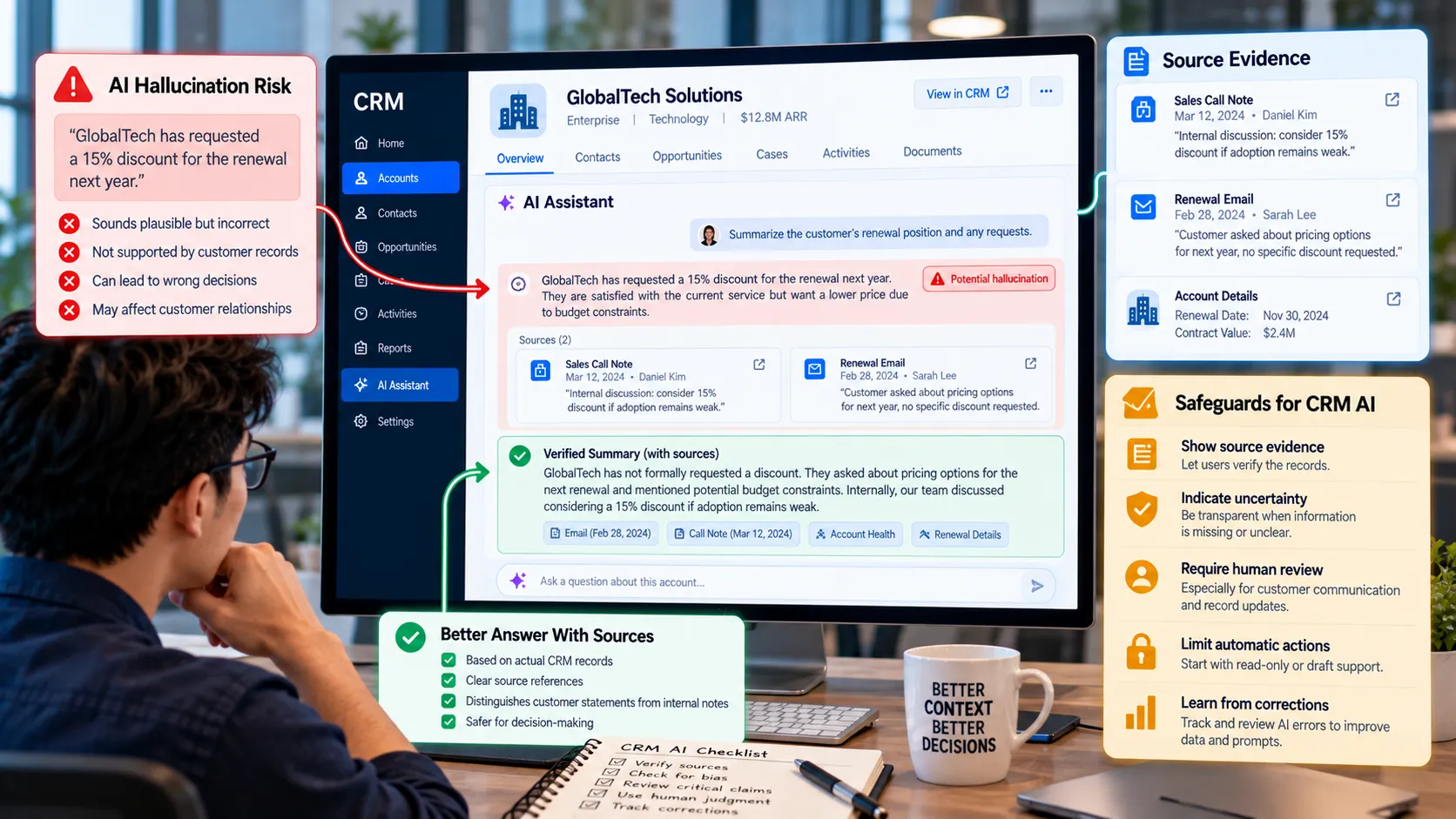 CRM AI hallucination risk illustration showing an incorrect AI-generated customer summary, source verification, human review, and safeguards for reliable AI responses.
