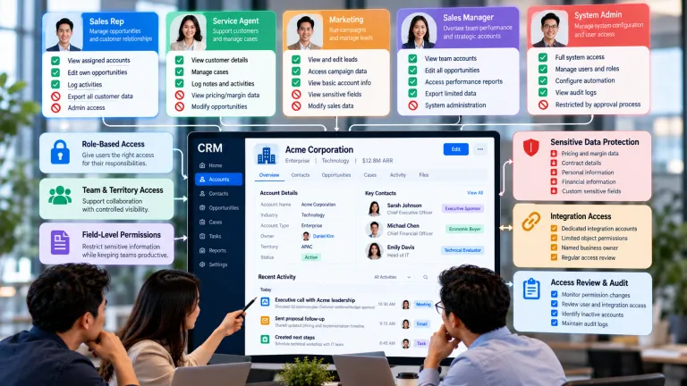 CRM permissions and access control dashboard illustrating role-based access, field-level security, sensitive customer data protection, and user permission management.