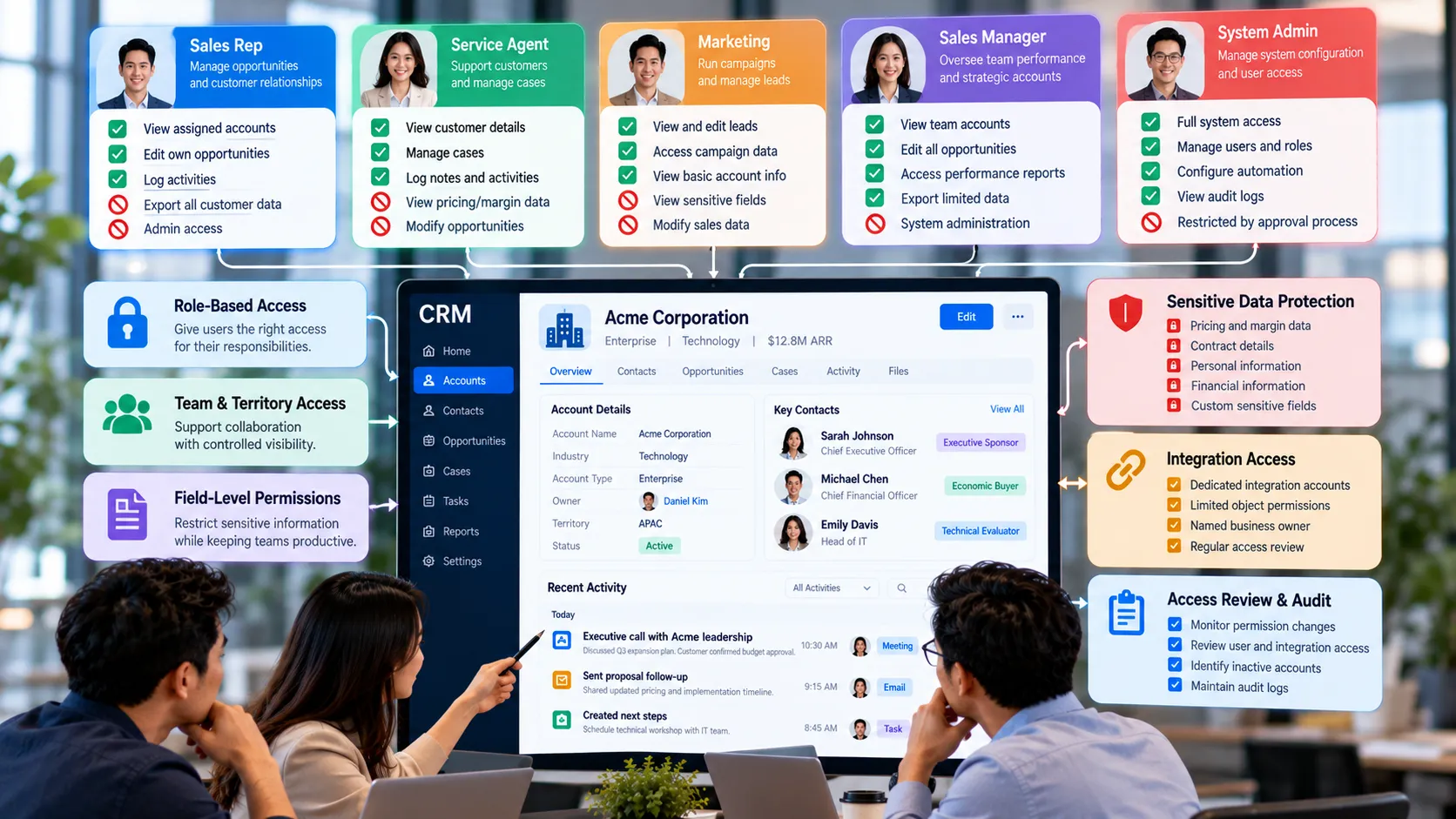 CRM permissions and access control dashboard illustrating role-based access, field-level security, sensitive customer data protection, and user permission management.