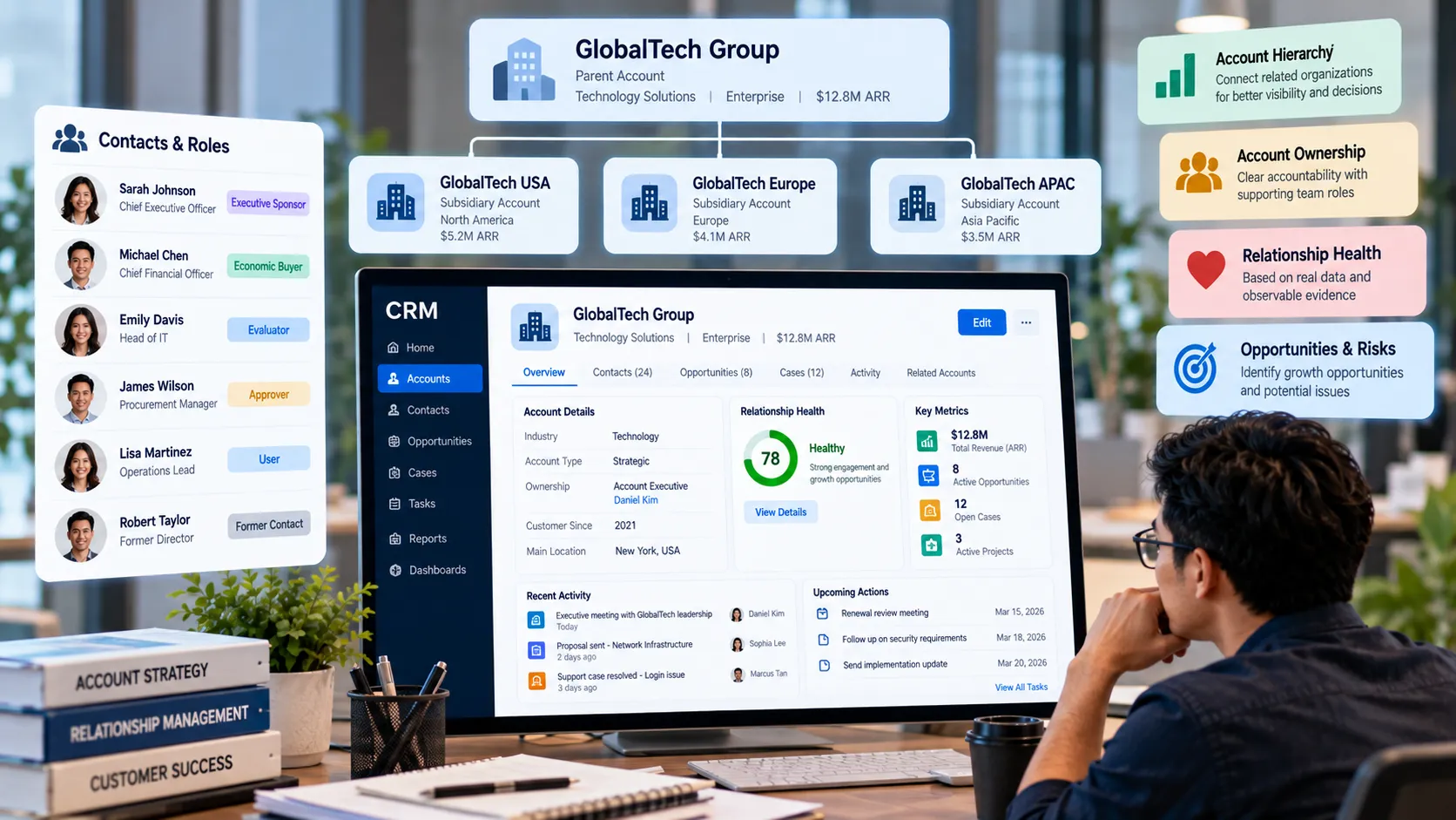 CRM account management dashboard showing parent-child account hierarchy, customer contact roles, account ownership, relationship health, and business opportunities.