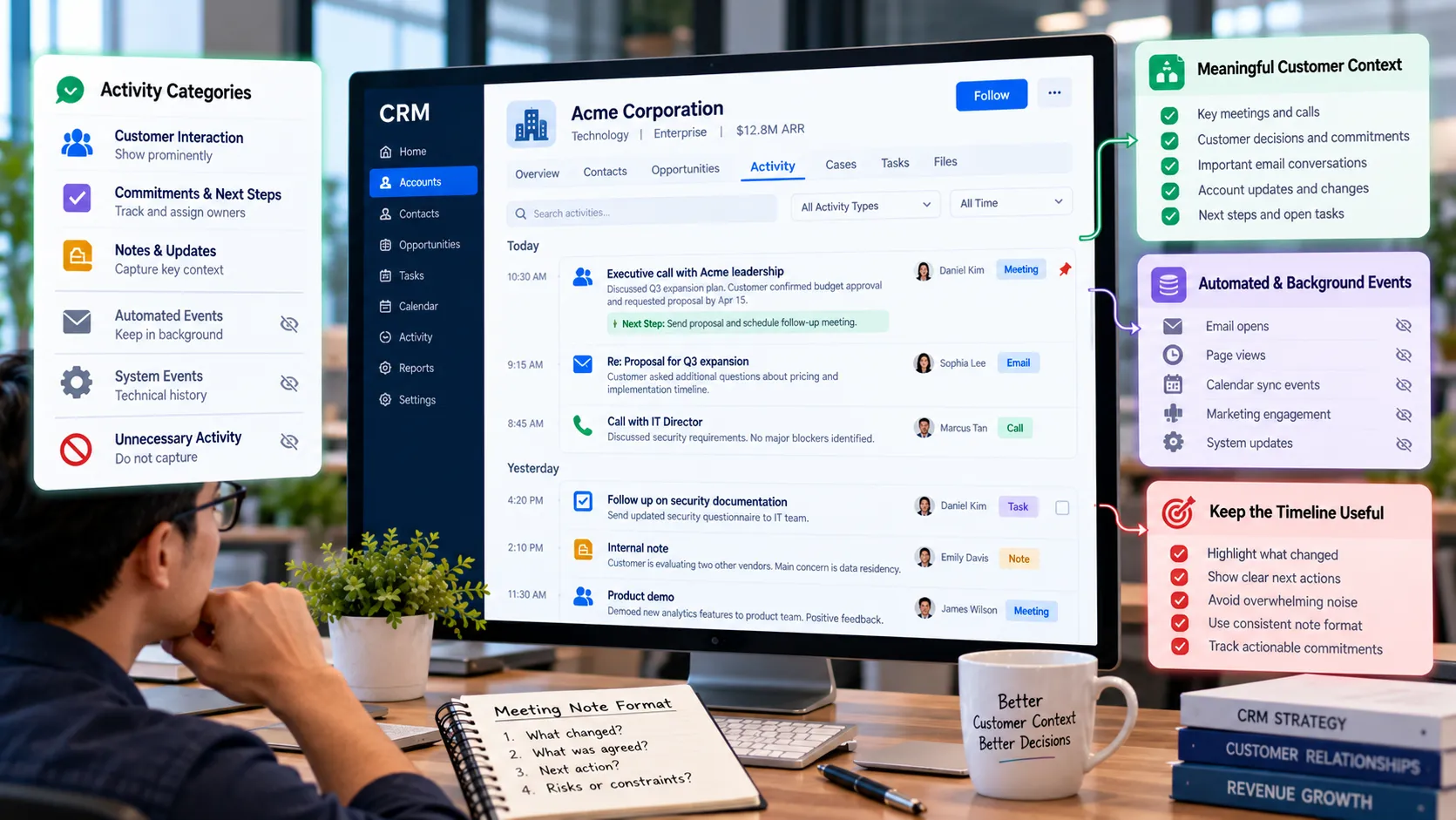 CRM activity tracking dashboard showing customer interactions, meeting notes, follow-up tasks, and automated events organized to reduce timeline clutter and improve customer relationship management.