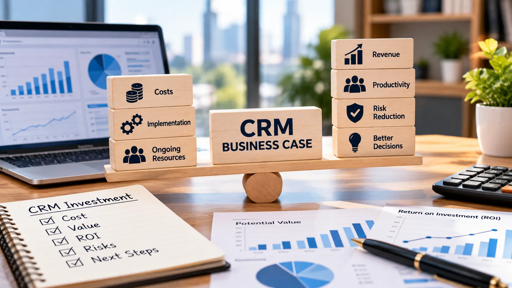 CRM business case balancing costs, implementation, ongoing resources, revenue, productivity, risk reduction, and better decision-making