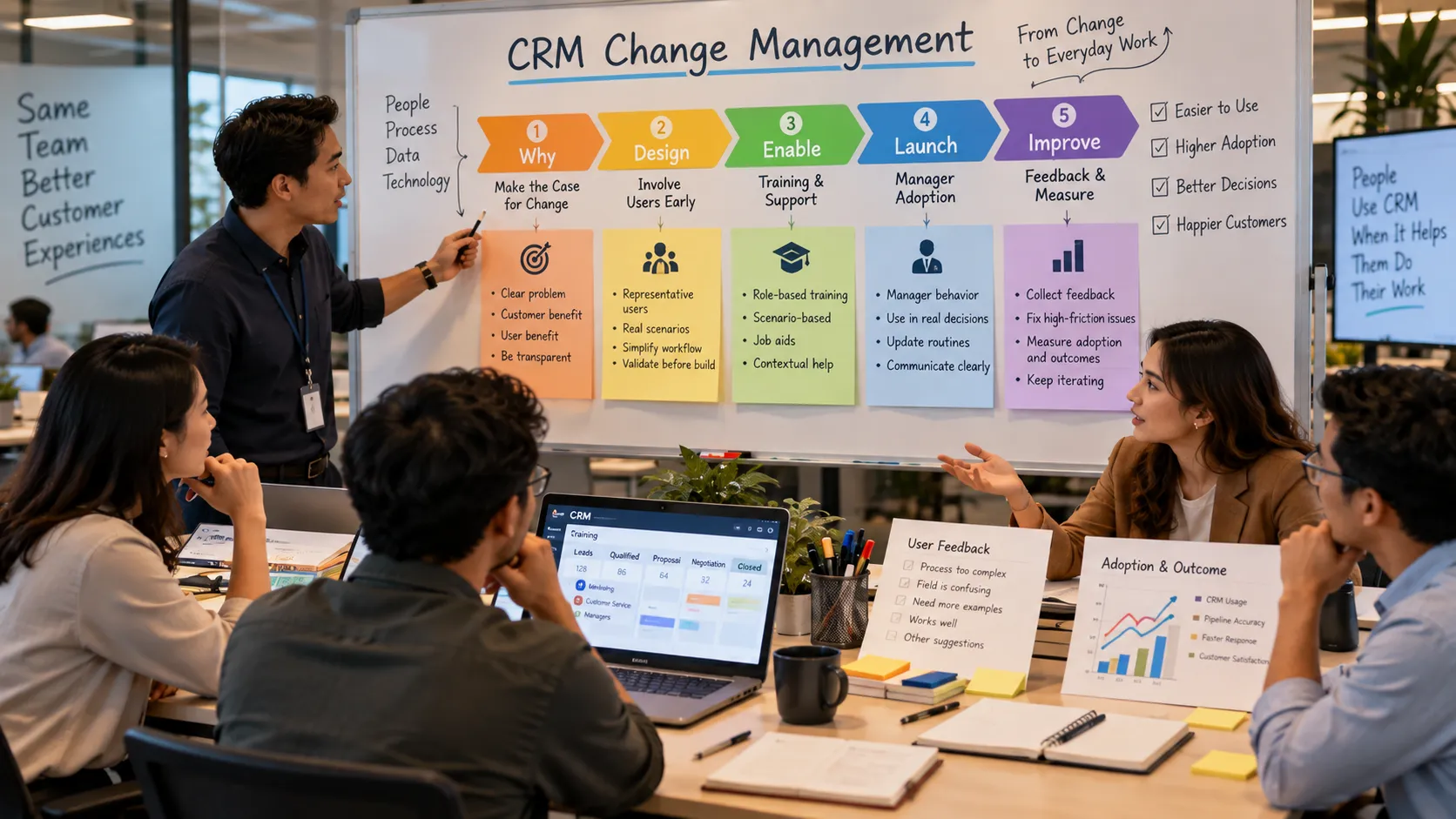 CRM change management workshop showing employees discussing user adoption, role-based training, leadership involvement, feedback, and business process improvements.