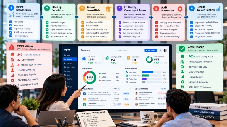 CRM cleanup before business growth showing data quality improvements, duplicate removal, field optimization, account ownership, automation audits, and trusted reporting.
