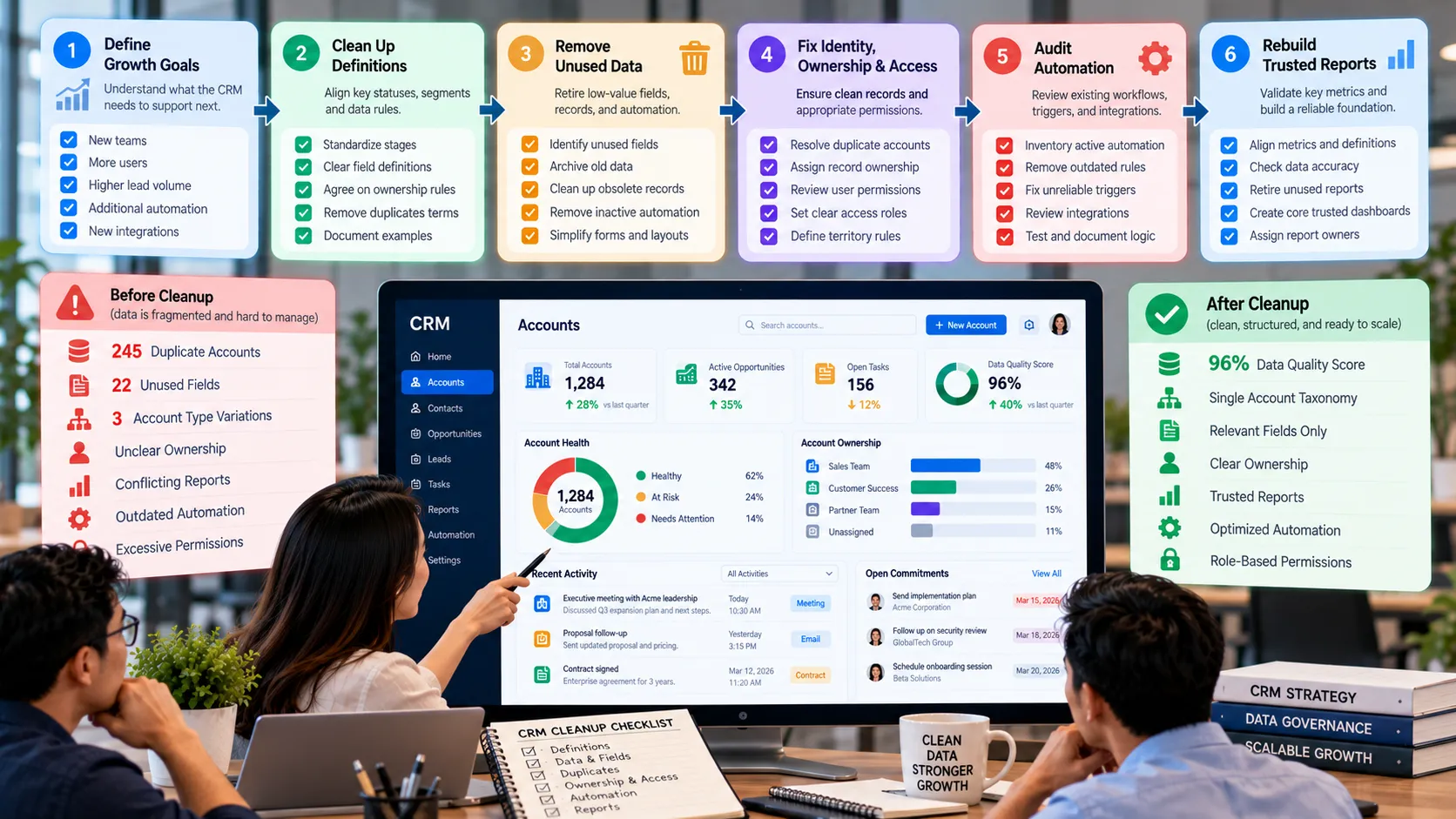 CRM cleanup before business growth showing data quality improvements, duplicate removal, field optimization, account ownership, automation audits, and trusted reporting.