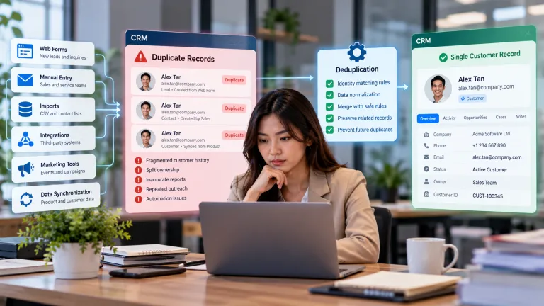 CRM duplicate records prevention showing customer data from multiple sources, identity matching, safe record merging, and improved data accuracy.