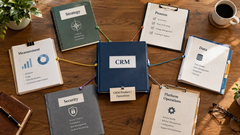 CRM ownership structure showing shared responsibilities for business strategy, process management, data governance, platform operations, security, and performance measurement.