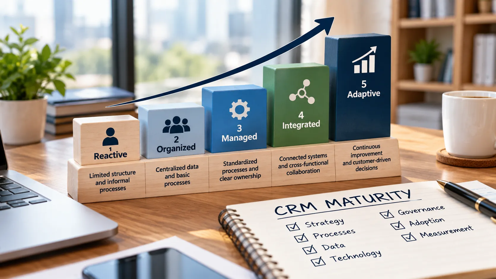 CRM maturity model showing five stages from reactive to adaptive, with strategy, processes, data, technology, governance, adoption, and measurement