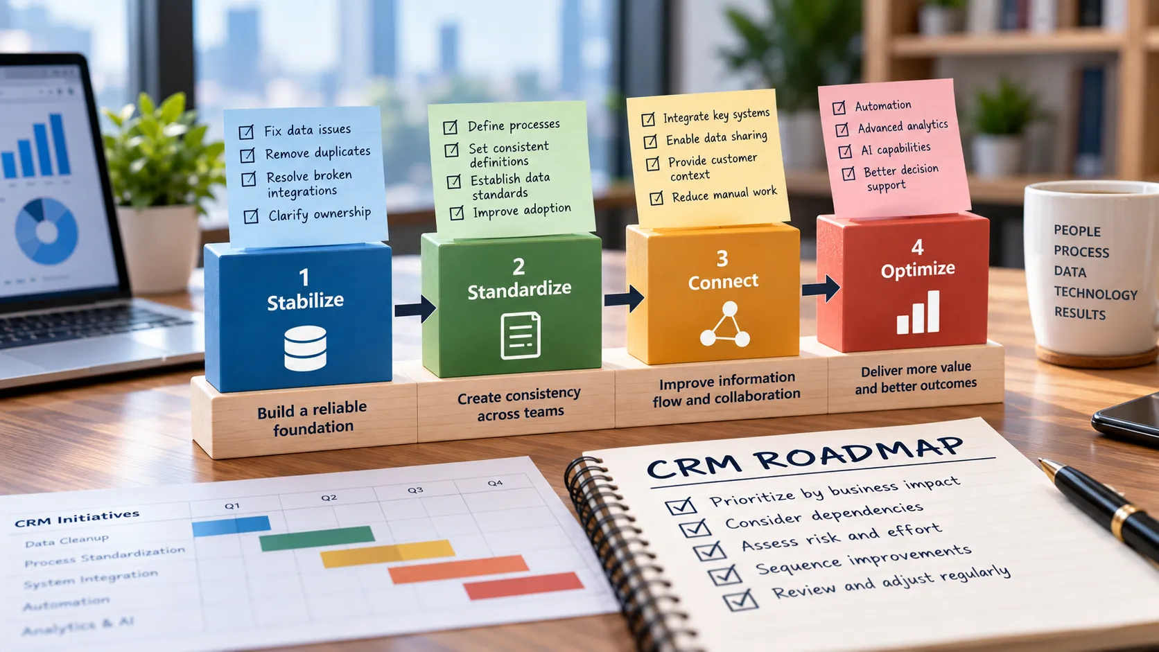 CRM roadmap prioritization showing four stages: stabilize, standardize, connect, and optimize, with data, process, integration, automation, and AI priorities