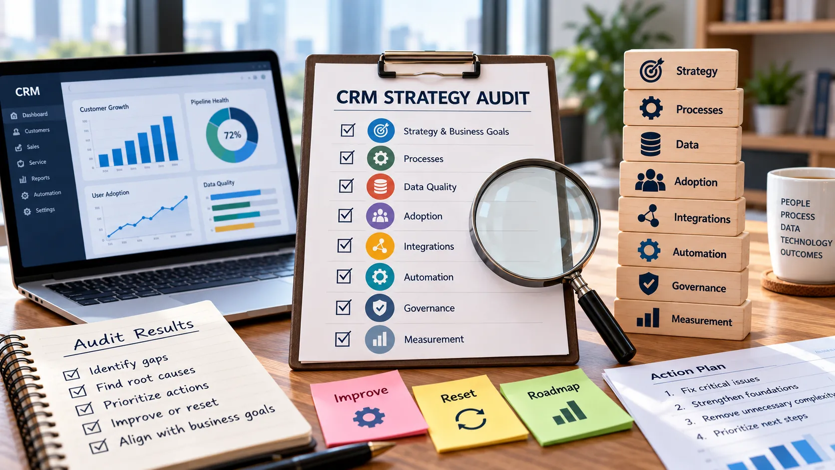 CRM strategy audit reviewing business goals, processes, data quality, adoption, integrations, automation, governance, and measurement