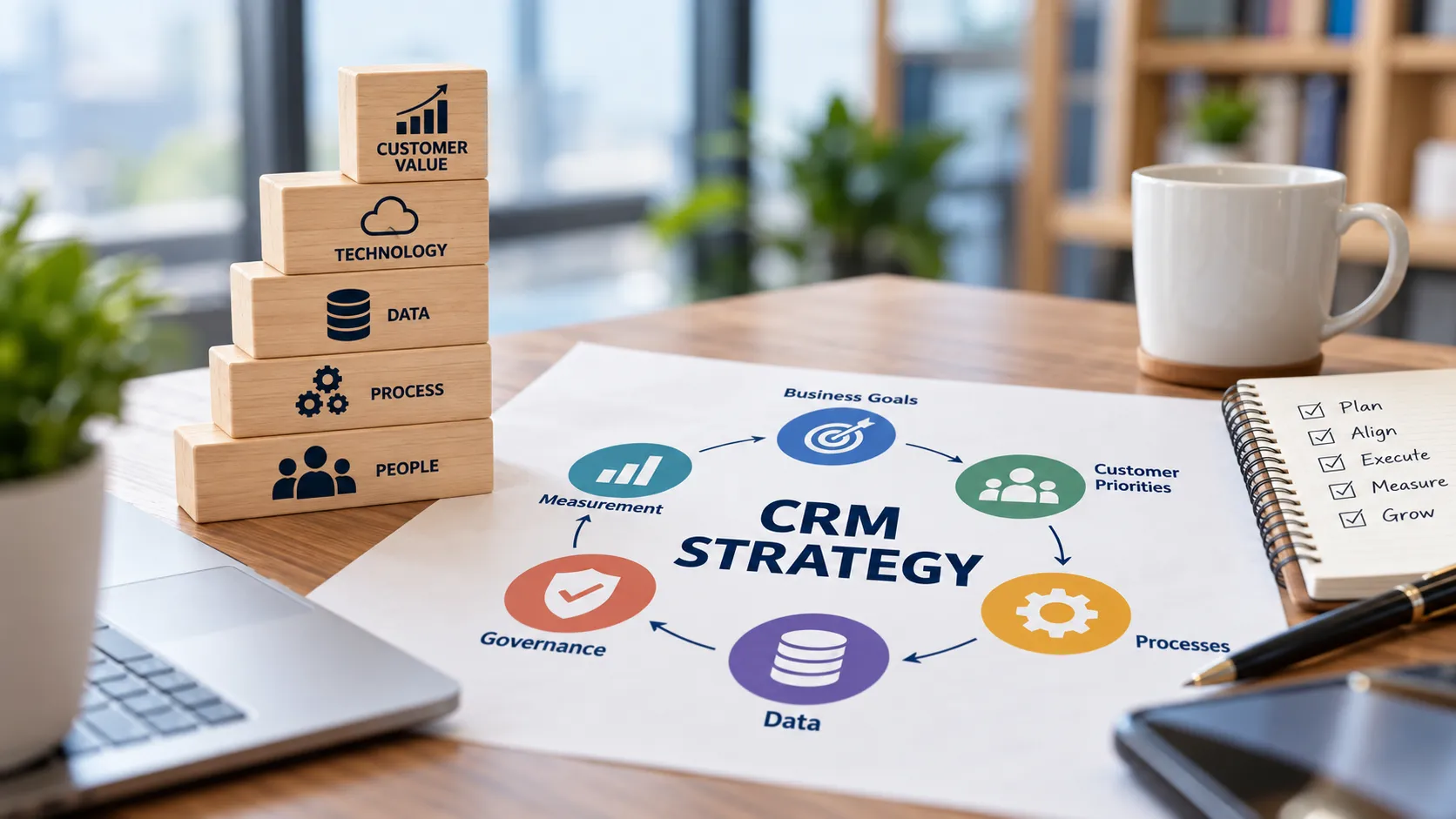 CRM strategy framework connecting business goals, customer priorities, processes, data, governance, measurement, people, and technology