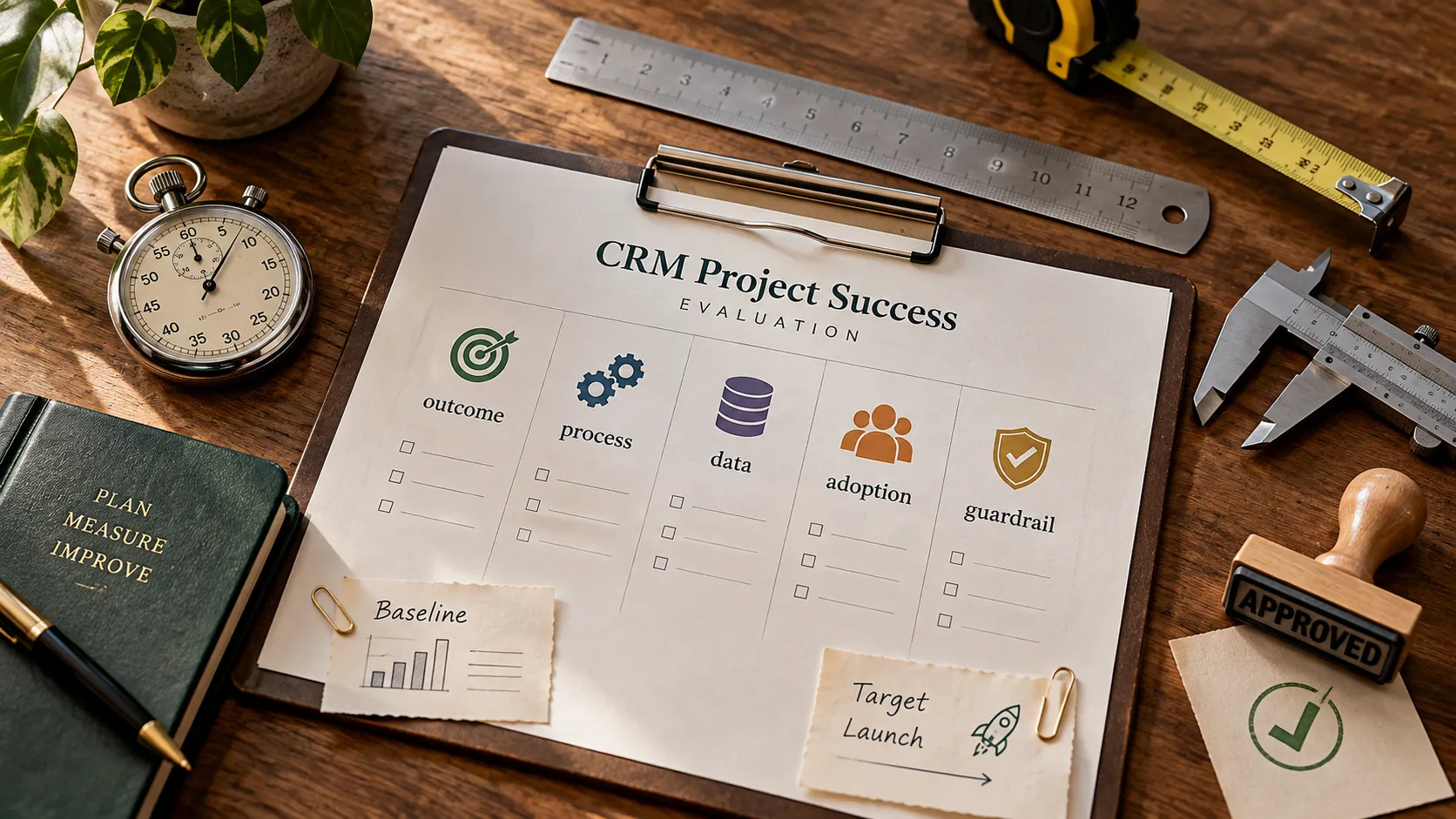CRM project success evaluation checklist showing business outcomes, process efficiency, data quality, user adoption, and risk guardrails with baseline and target measurements.