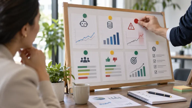 CRM AI model monitoring with business professionals reviewing performance charts, data drift alerts, model accuracy, and evaluation metrics to maintain reliable AI predictions.