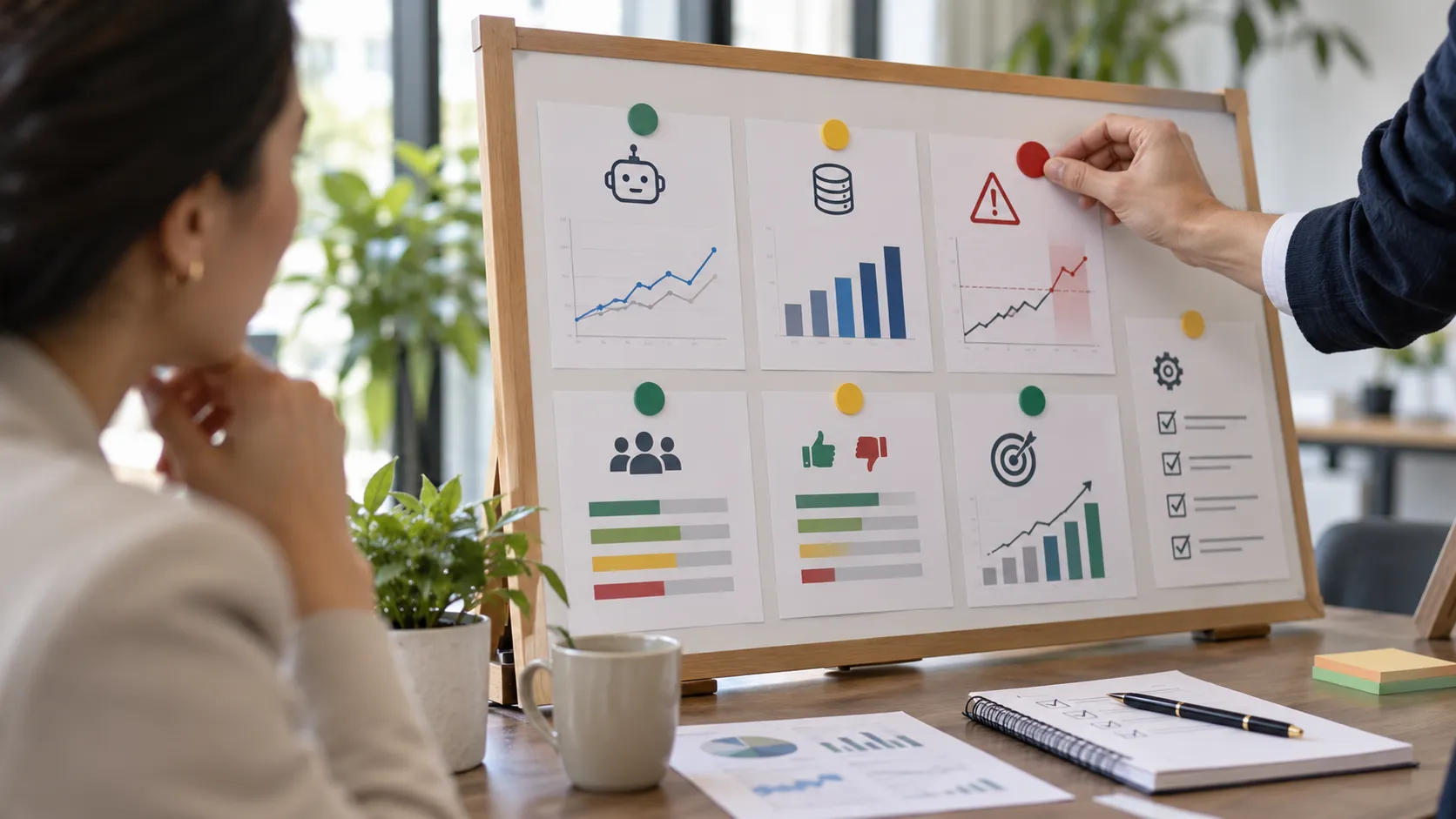 CRM AI model monitoring with business professionals reviewing performance charts, data drift alerts, model accuracy, and evaluation metrics to maintain reliable AI predictions.