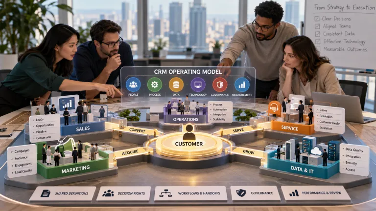 CRM operating model connecting people, business processes, customer data, technology, governance, and cross-functional teams around a customer-centric strategy.
