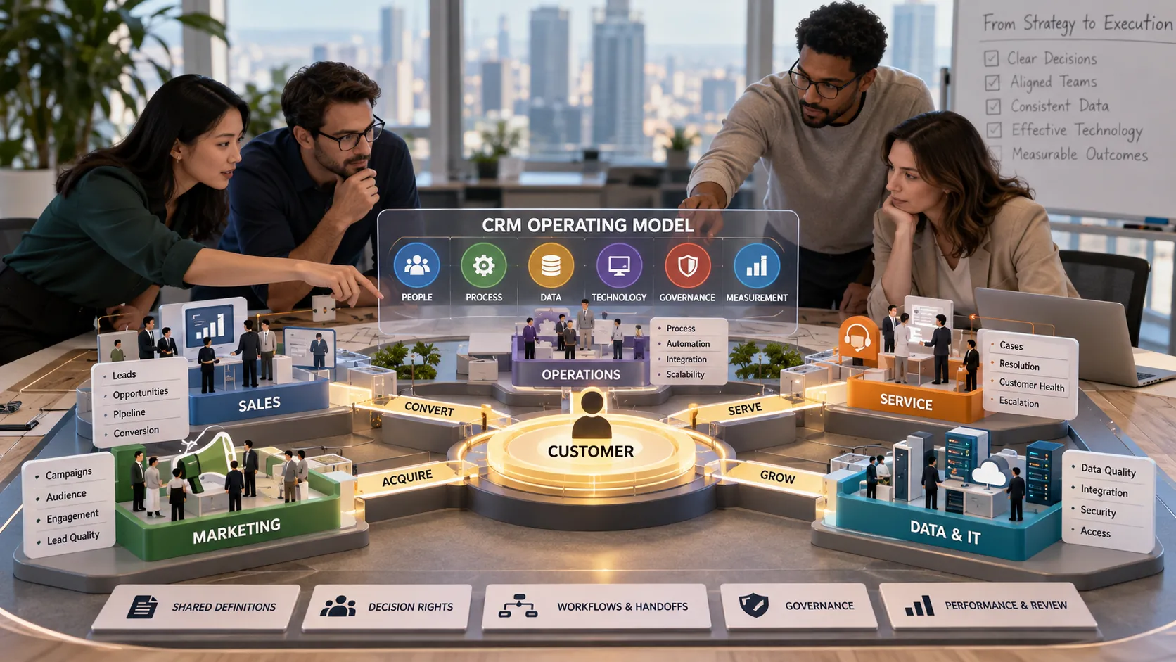 CRM operating model connecting people, business processes, customer data, technology, governance, and cross-functional teams around a customer-centric strategy.