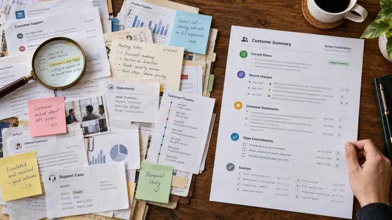 AI CRM customer summarization transforming extensive customer records, emails, meeting notes, and support history into a concise, evidence-based customer summary.