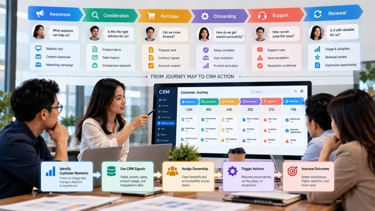 Customer journey mapping integrated with CRM, showing six customer lifecycle stages, engagement signals, team ownership, and coordinated actions to improve customer experience.