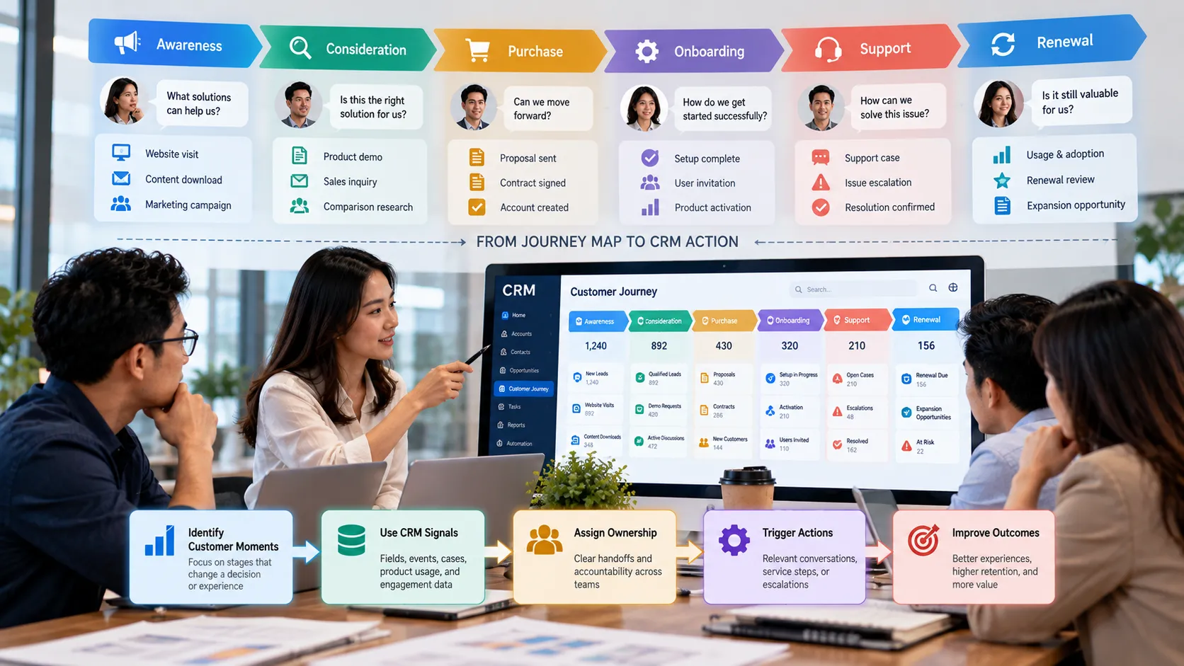 Customer journey mapping integrated with CRM, showing six customer lifecycle stages, engagement signals, team ownership, and coordinated actions to improve customer experience.