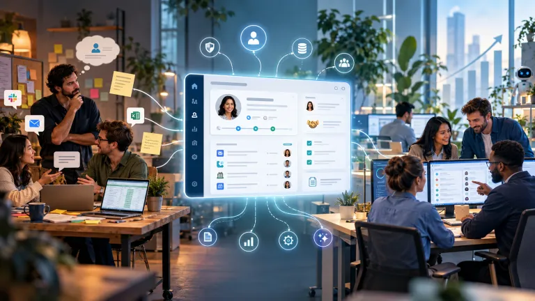 CRM strategy for growing teams showing employees transitioning from informal customer management to a centralized CRM system for better collaboration, customer data management, and business growth.