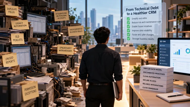 CRM technical debt illustrated by cluttered legacy systems, tangled integrations, outdated automation, and manual workarounds compared with a clean, streamlined CRM environment.