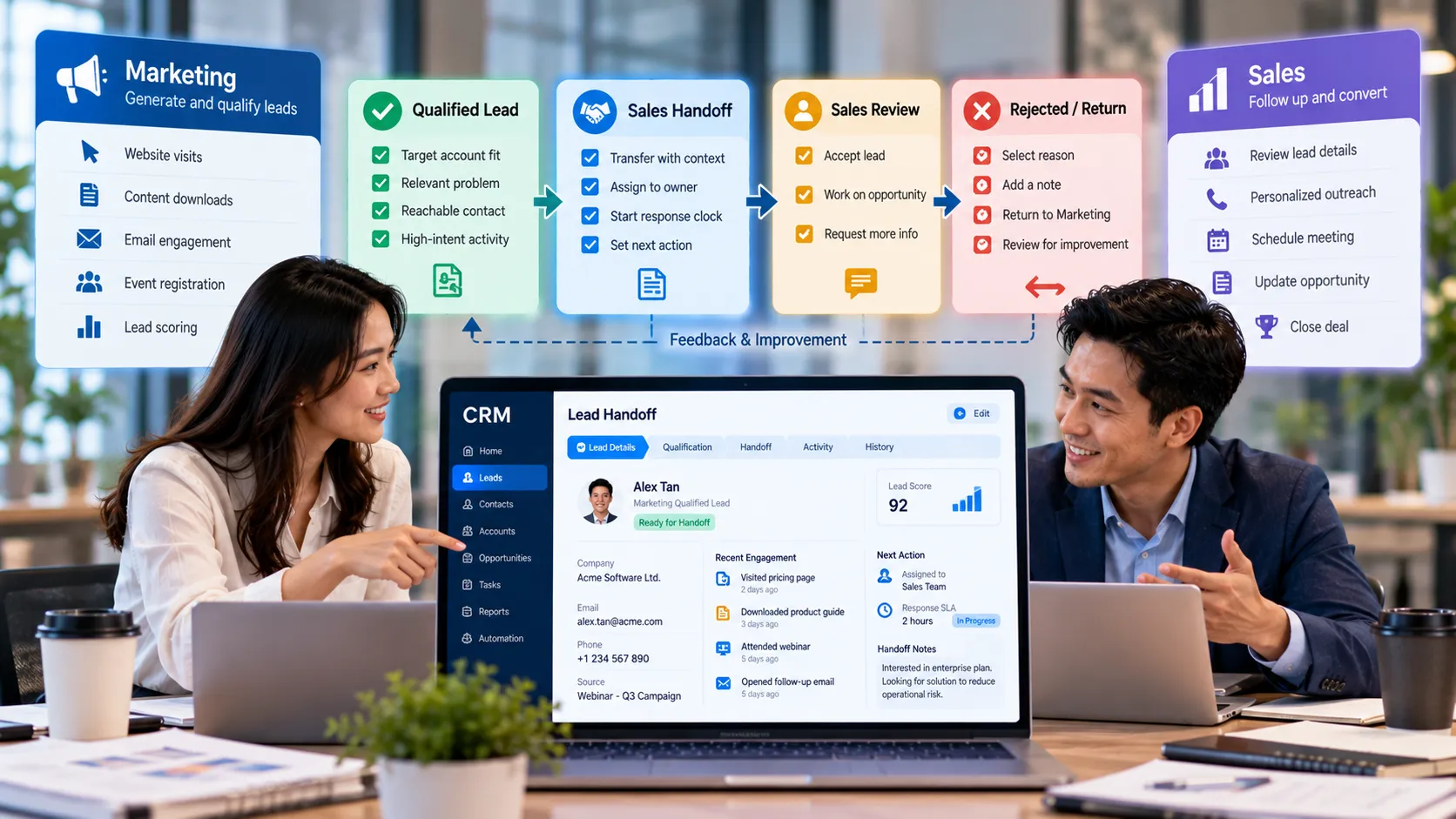 CRM sales handoff workflow showing marketing lead qualification, transfer of customer information, sales ownership, response tracking, and feedback to improve lead conversion.