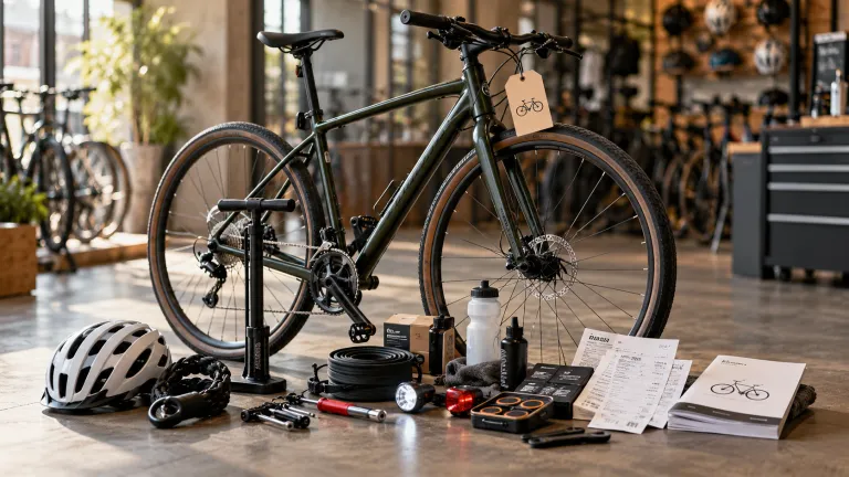 CRM total cost of ownership illustrated by a bicycle and its maintenance equipment, accessories, and receipts, representing software licensing, implementation, integration, support, and ongoing operational costs.