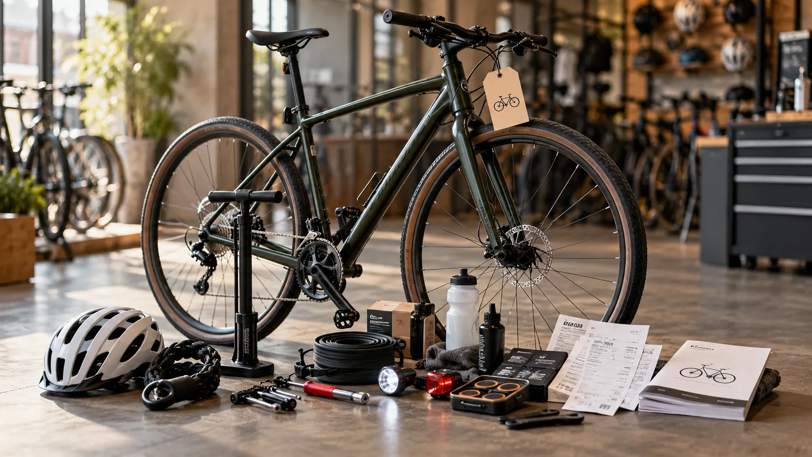 CRM total cost of ownership illustrated by a bicycle and its maintenance equipment, accessories, and receipts, representing software licensing, implementation, integration, support, and ongoing operational costs.