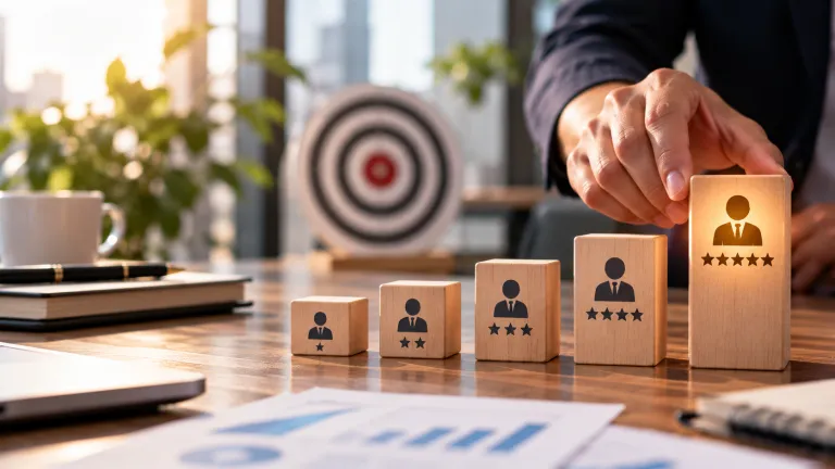 Editorial illustration of AI opportunity scoring with customer records and a magnifying glass representing evidence-based sales prioritization and human judgment.