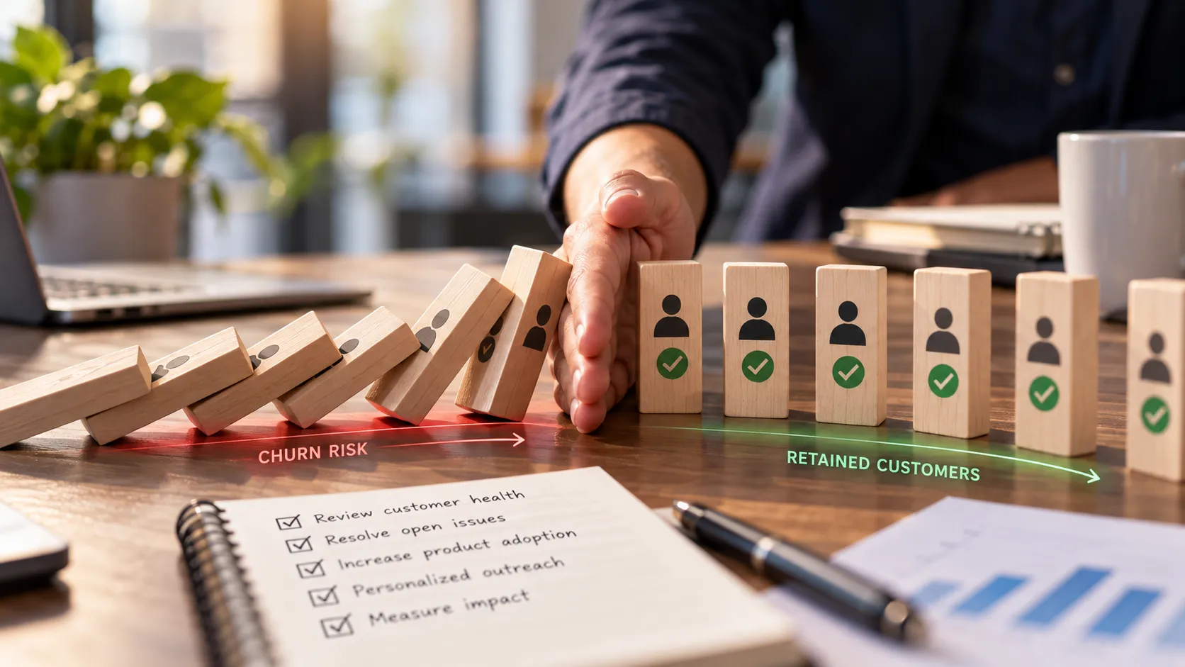 Customer churn prediction and retention strategy illustrated by a hand stopping falling dominoes before customer relationships are lost.